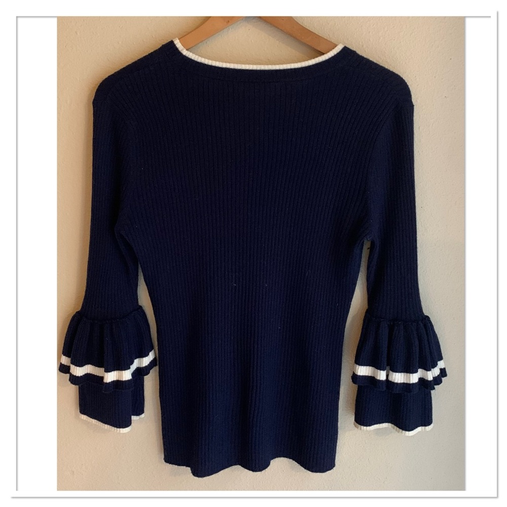 Frame Ribbed Knit Ruffle Sleeve Sweater Navy Size Medium - Picture 5 of 8